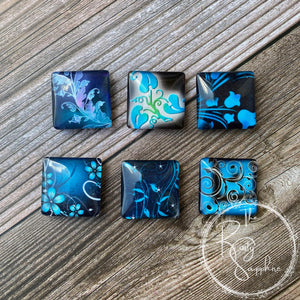 Blue and Black Floral Inspired Set No. 2 Glass Tile Magnets Set of 6