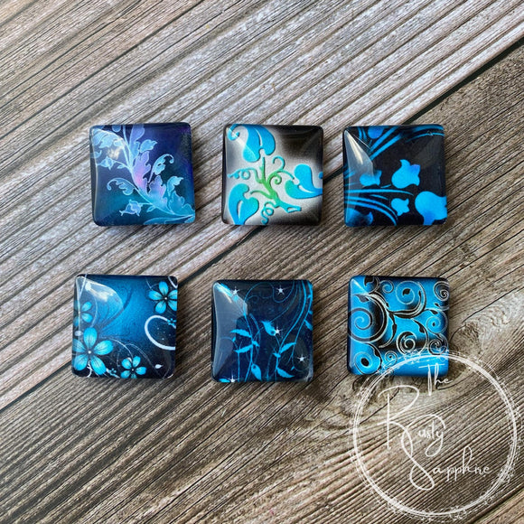 Blue and Black Floral Inspired Set No. 2 Glass Tile Magnets Set of 6