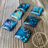 Blue and Black Floral Inspired Set No. 2 Glass Tile Magnets Set of 6