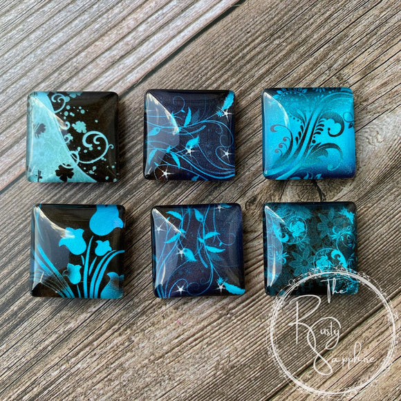 Blue and Black Floral Inspired Glass Tile Magnets Set of 6